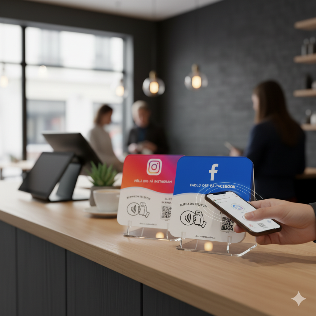 Omdöme360 NFC-kort på ett cafébord där en kund blippar med sin telefon