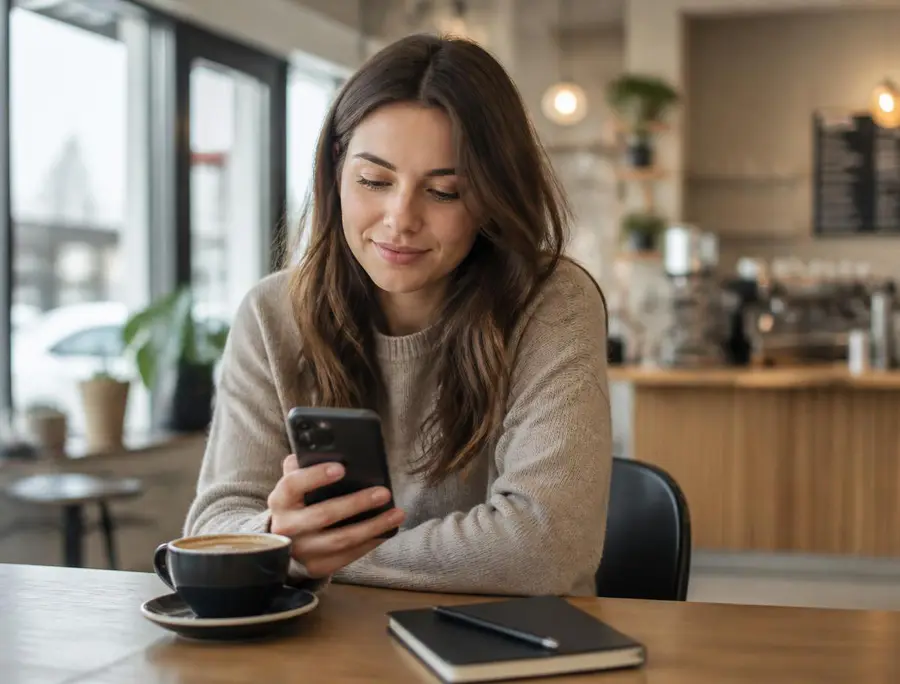 Kund jämför lokala företag i mobilen på ett kafé